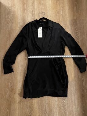 ZARA Black Satin Wrap Dress XXL NWT Collared Draped Mini Long Sleeve